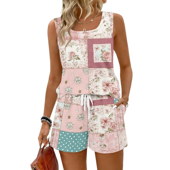 JULMCOMO Two Piece Sets for Women Square Neck Floral Print Sleeveless Tank Top Summer Lounge Short Sets Drawstring Vacation Casual Clothes with Pockets Pink S