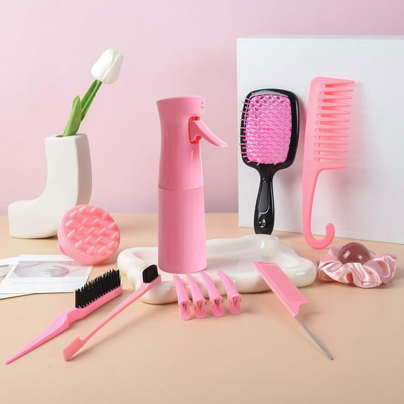 FGERFE-12 Pcs Hair Brush Set with Hair Spray Bottle for Toddlers, Women, Detangling Brush for Wet Dry Curly Hair, Edge Bristles Wide Tooth Rat Tail Combs for Baby Girls (pink)