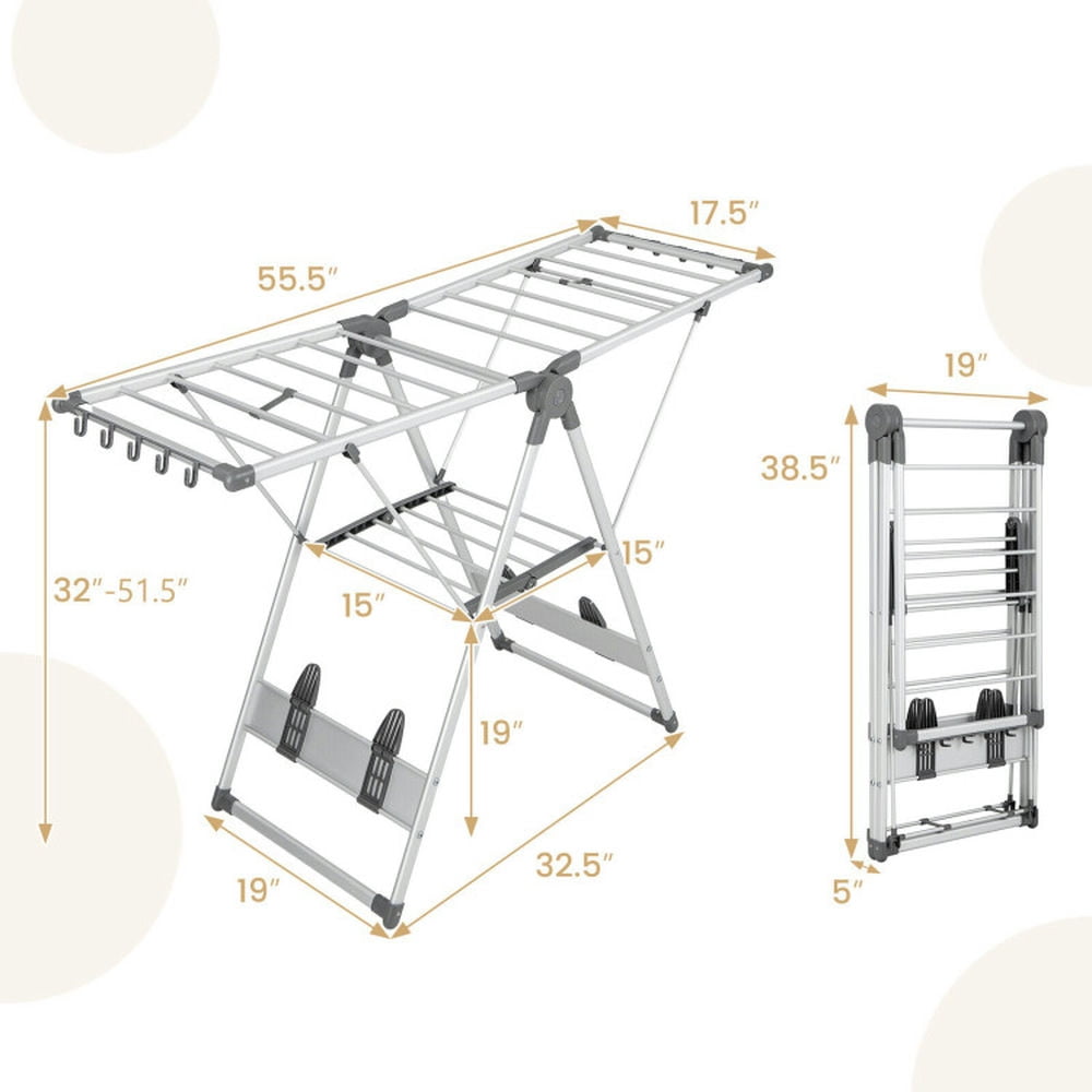 Finihen Drying Rack, Clothes Drying Rack, 2-Layer Folding Clothes Drying Rack with 5-Level Adjustable Height, for Indoor, Outdoor, Silver