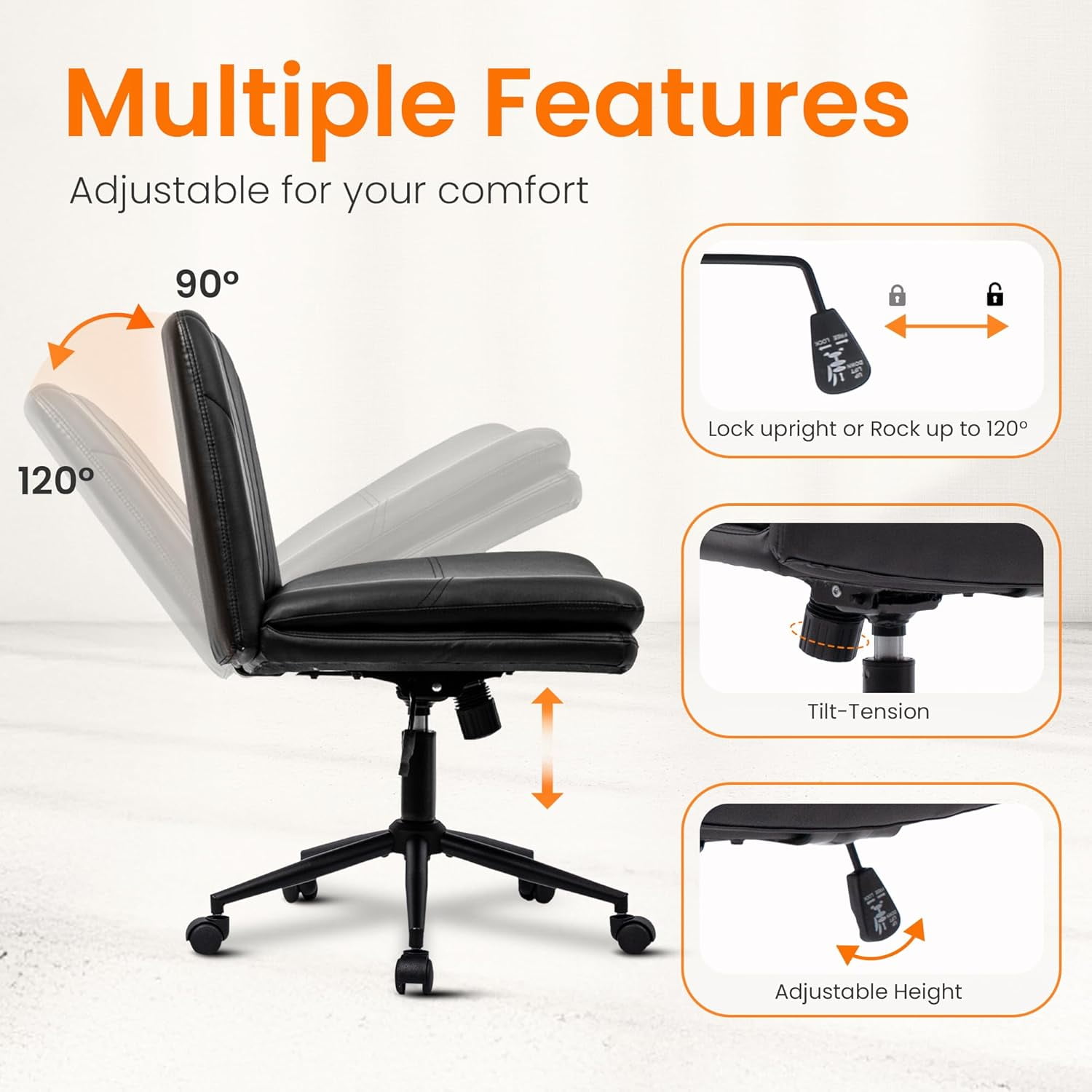 NEO CHAIR Criss Cross Chair with Wheels Armless Cross Legged Office Desk Wide Comfy Vanity Makeup Chair Adjustable Swivel Rolling Computer for Home Office PU Leather (Black)