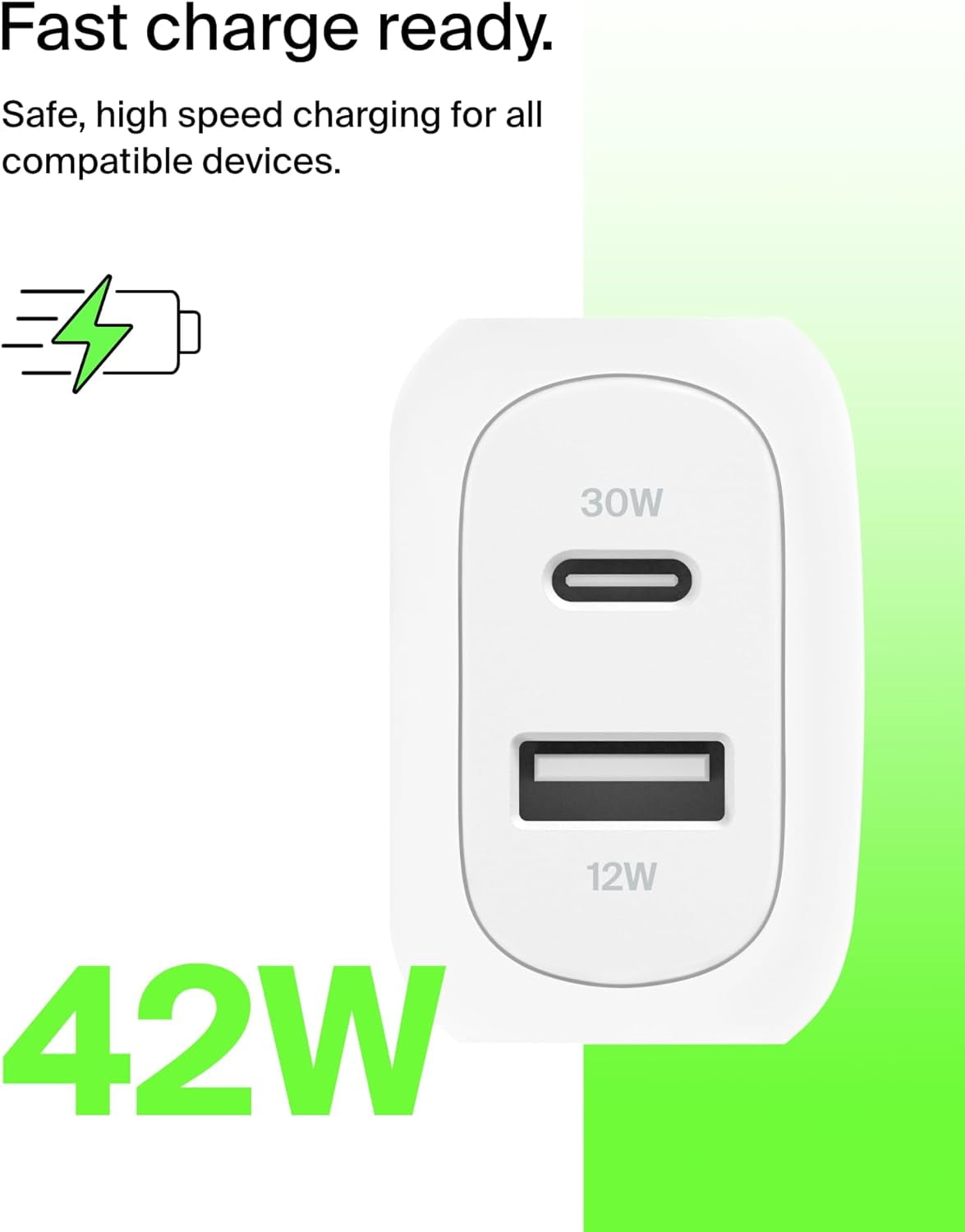 Belkin 42W Dual Port Wall Charger, USB-C + USB-A Charger - Fast Charging for iPhone 16, 15, 14, 13, Pro, Pro Max, Plus, iPad, MacBook, Galaxy S25 Ultra, Pixel, Nintendo Switch 2 & More - White