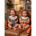thumbnail image 4 of RUINIXCW Newborn Baby Girl Halloween Outfit Waffled Striped Bubble Romper Letter Ghost Pumpkin Embroidery Print Short Sleeve Smocked Bodysuits Jumpsuits, 4 of 9