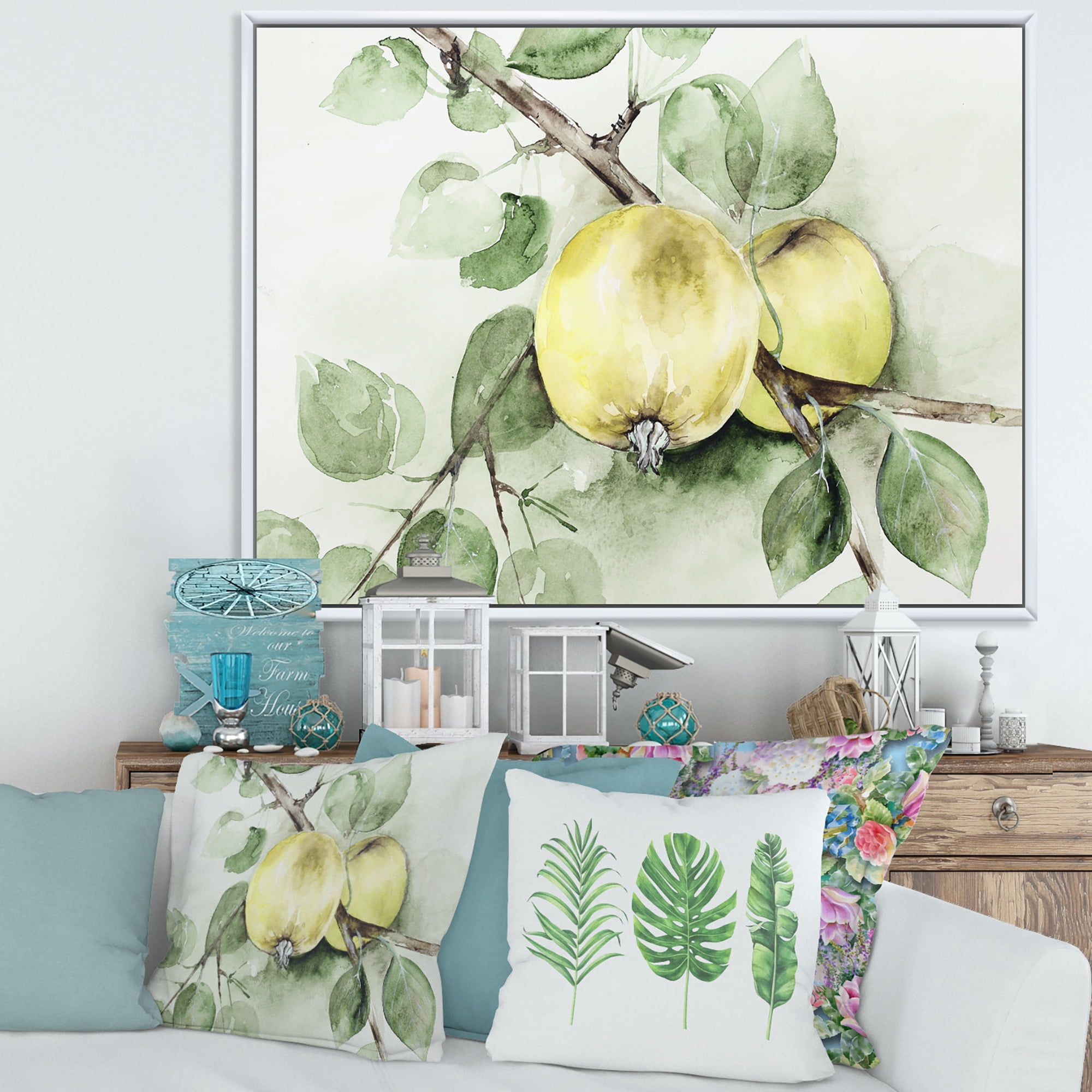 Designart 'Ancient Green Appels' Farmhouse Framed Canvas Wall Art Print