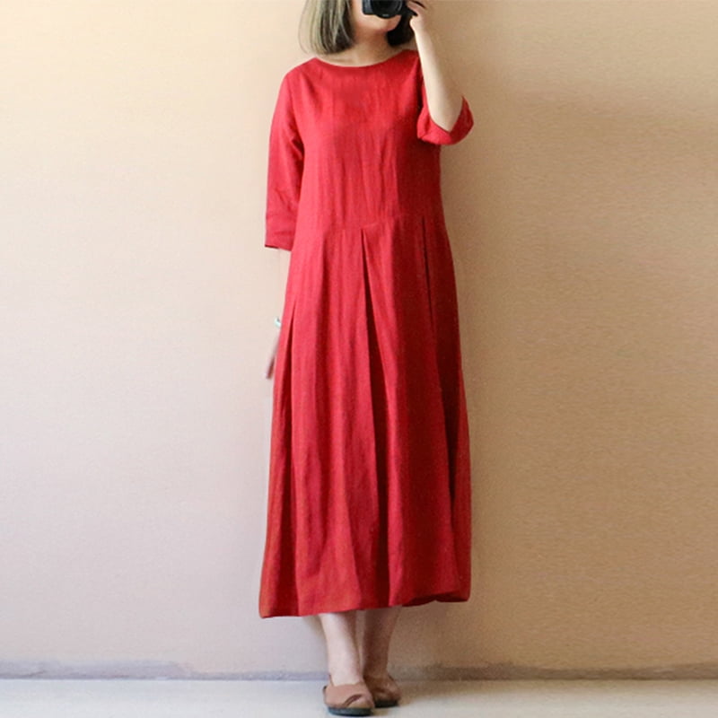 Romacci - Women Casual Loose Dress 3/4 Sleeves Boho Vintage Solid ...