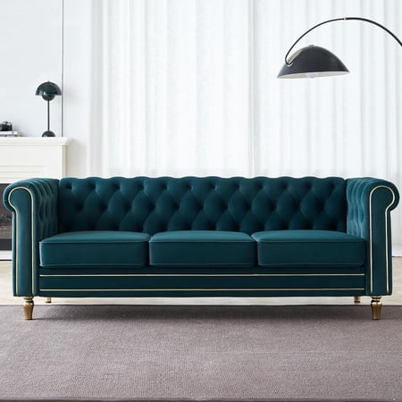 YWEN 85" Chesterfield Velvet Tufted Button Sofa with Deep Seat Cushions and Rolled Arms, Modern Style 3-Seater Couch Decorated with Gold Strip, Easy Assembly, for Living Room, Bedroom, Office