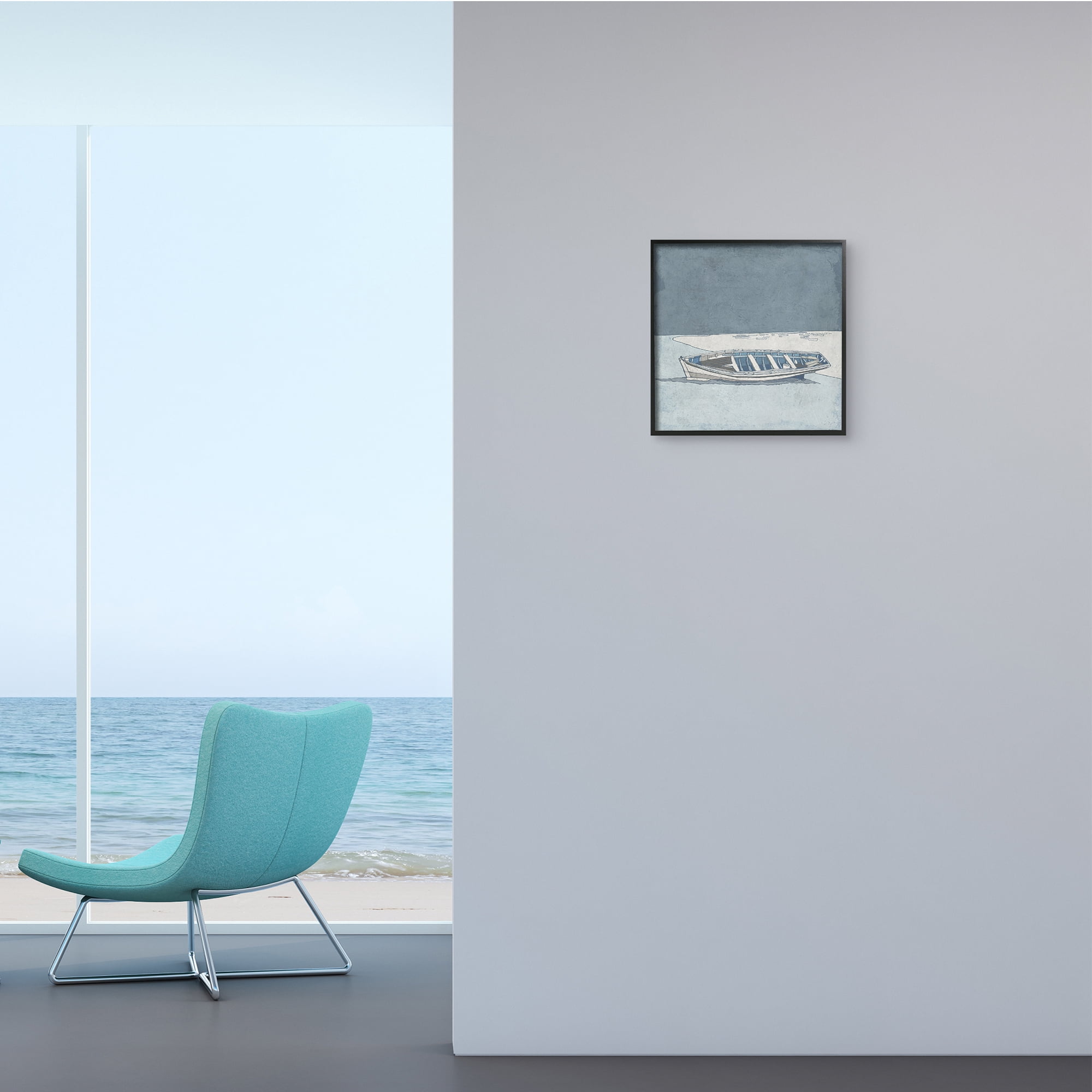 Stupell Industries Blue Monochrome Rowboat Beach Coast Landscape,12 x 12,Designed by Ynon Mabat