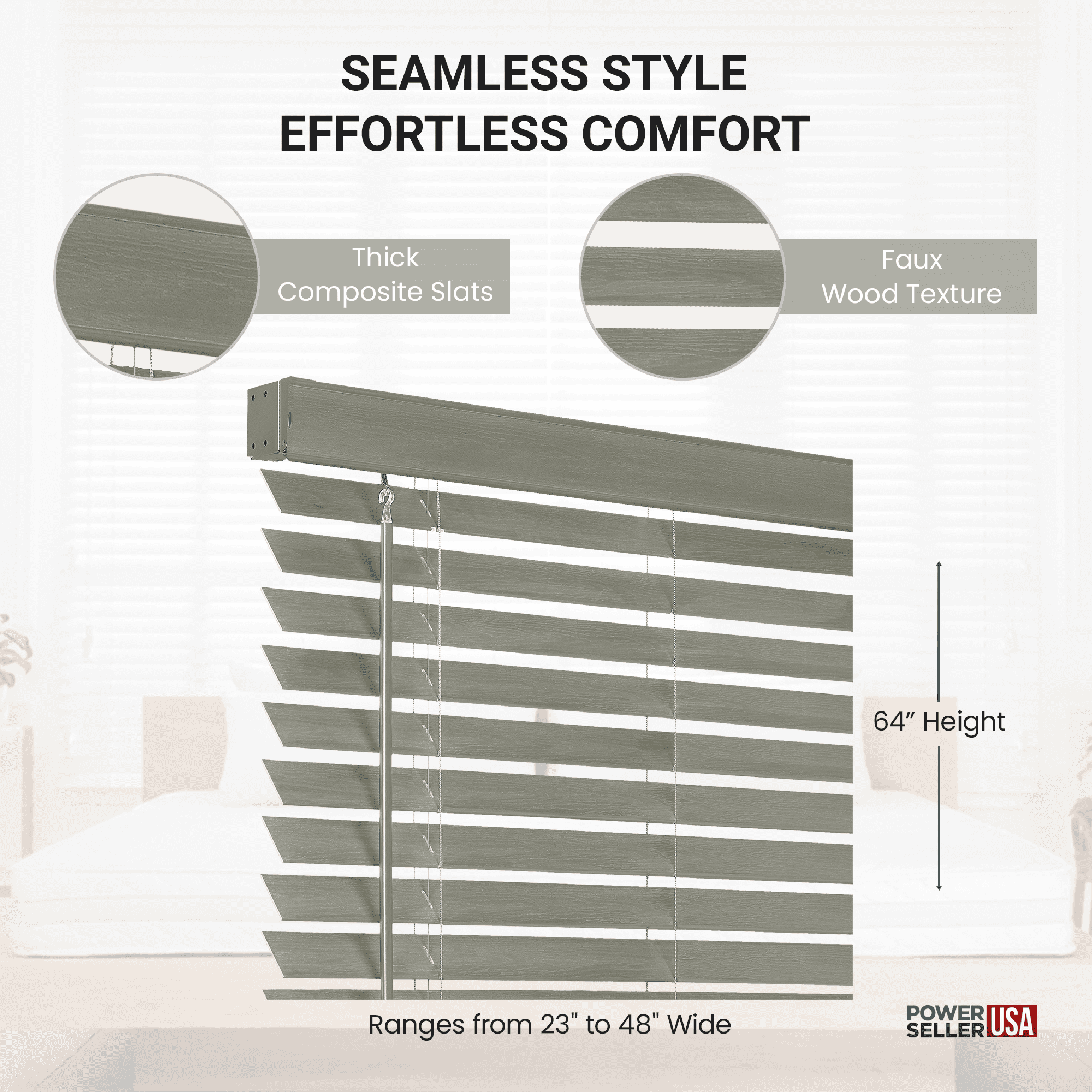 PowerSellerUSA Cordless Window Blinds, Privacy & Room Darkening 2" Slats Faux Wood Mini Blind, Anti-UV Window Treatment, Gray Plantation Blind, 31" Width x 64" Length, (Fits windows 23" - 74")