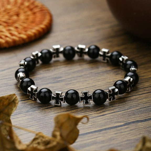 PERITANG Mens and Women Bracelet Bracelet for Men Onyx Tigers Eye Beaded Bracelet Religious Christian Bracelet Anniversary Gifts for Men Dad Husband Mens Jewelry