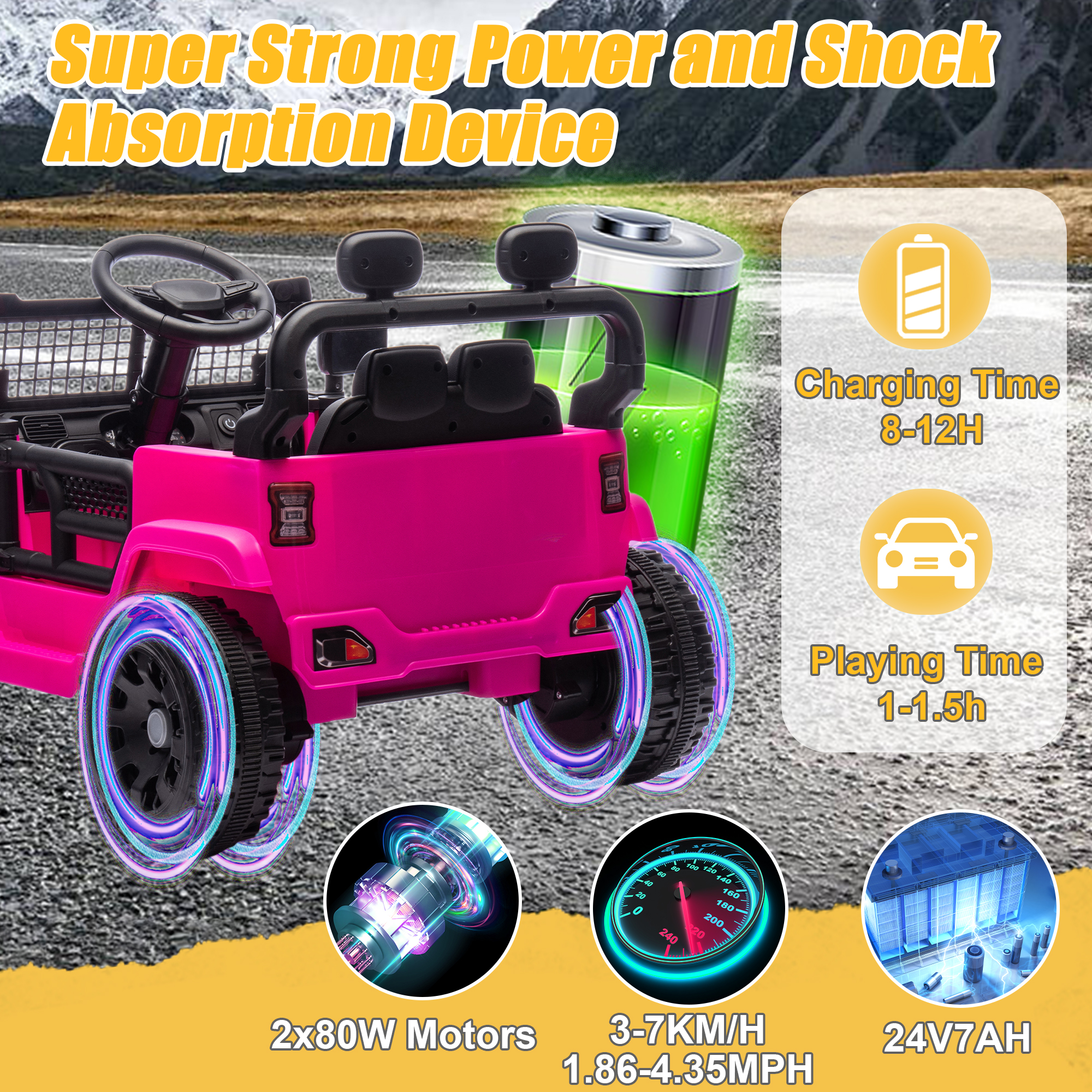 Okybaby 24V Kids Ride On Jeep Car with Remote Control,Four-wheel Suspension, Electric Kids Ride On Toy Car with Dual Motor,LED Light,USB,Bluetooth,MP3 for Kids of 3+, Pink