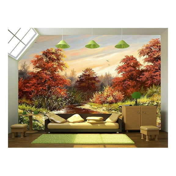 wall26 - Autumn Landscape with The River - Removable Wall Mural | Self-Adhesive Large Wallpaper - 66x96 inches