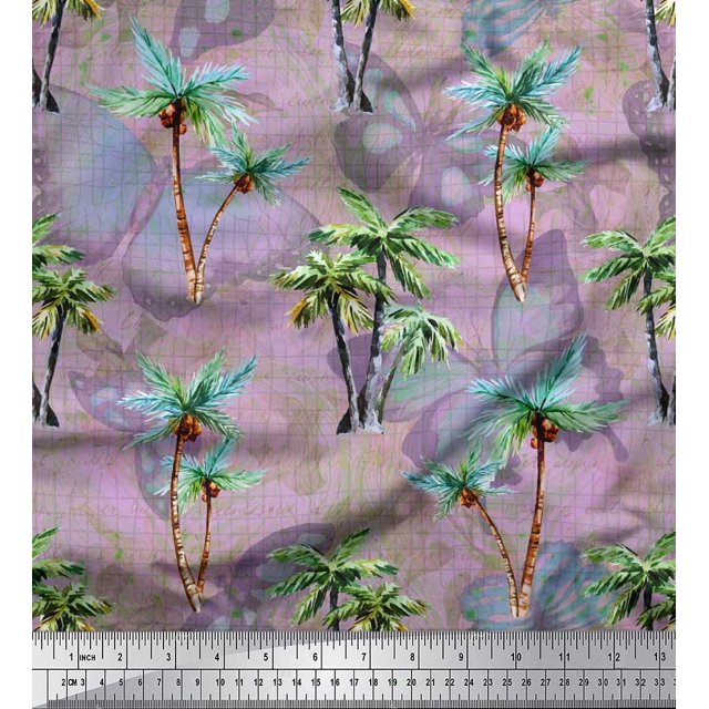 Soimoi Georgette Viscose Fabric Check,Text & Coconut Tree Decor Fabric Printed Yard 42 Inch Wide