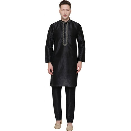 Men's Art Silk Indian Wedding Party Clothing Kurta Pajama Set (Black, L)