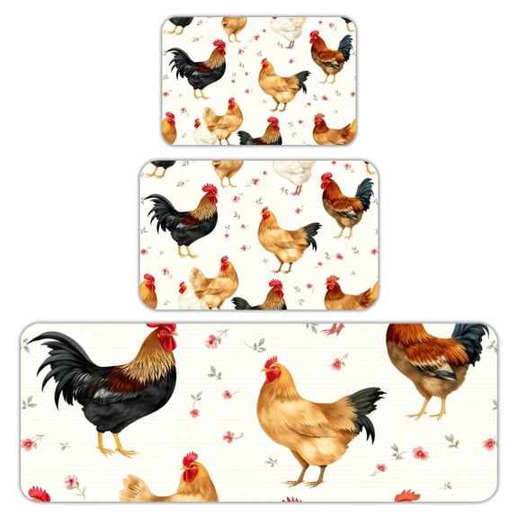 RKSupls Kitchen Rug Set 3 Piece Anti-Slip Flannel Floor Mats, Rooster Chicken Pattern Washable Absorbent Runner Mats for Kitchen Bathroom Home Decor