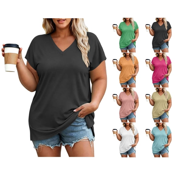 Nugftut Womens Puls Size Tops Short Sleeve V Neck T-Shirts Solid Color Casual Shirts