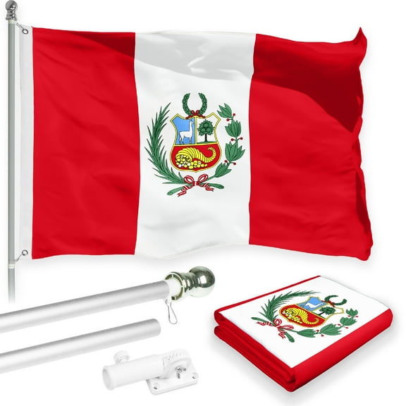 G128 Combo Pack: 6 Feet Tangle Free Spinning Flagpole (Silver) Peru Peruvian Flag 3x5 ft Printed 150D Brass Grommets (Flag Included) Aluminum Flag Pole
