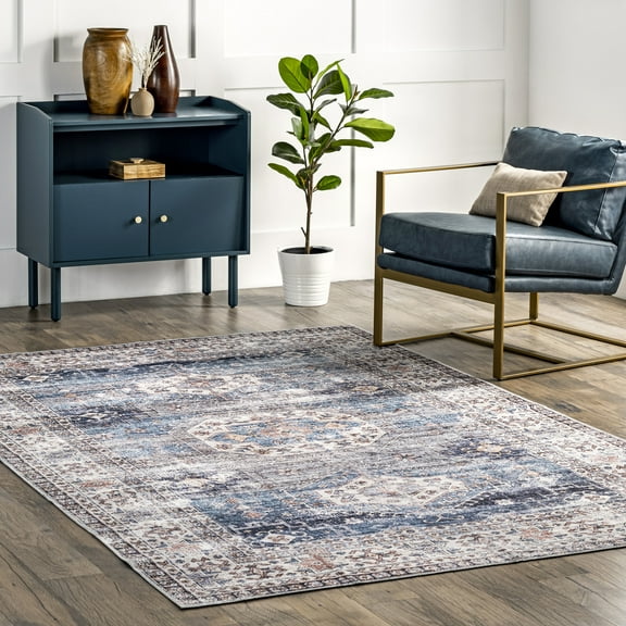 nuLOOM Drina Distressed Machine Washable Area Rug, 8' x 10', Blue