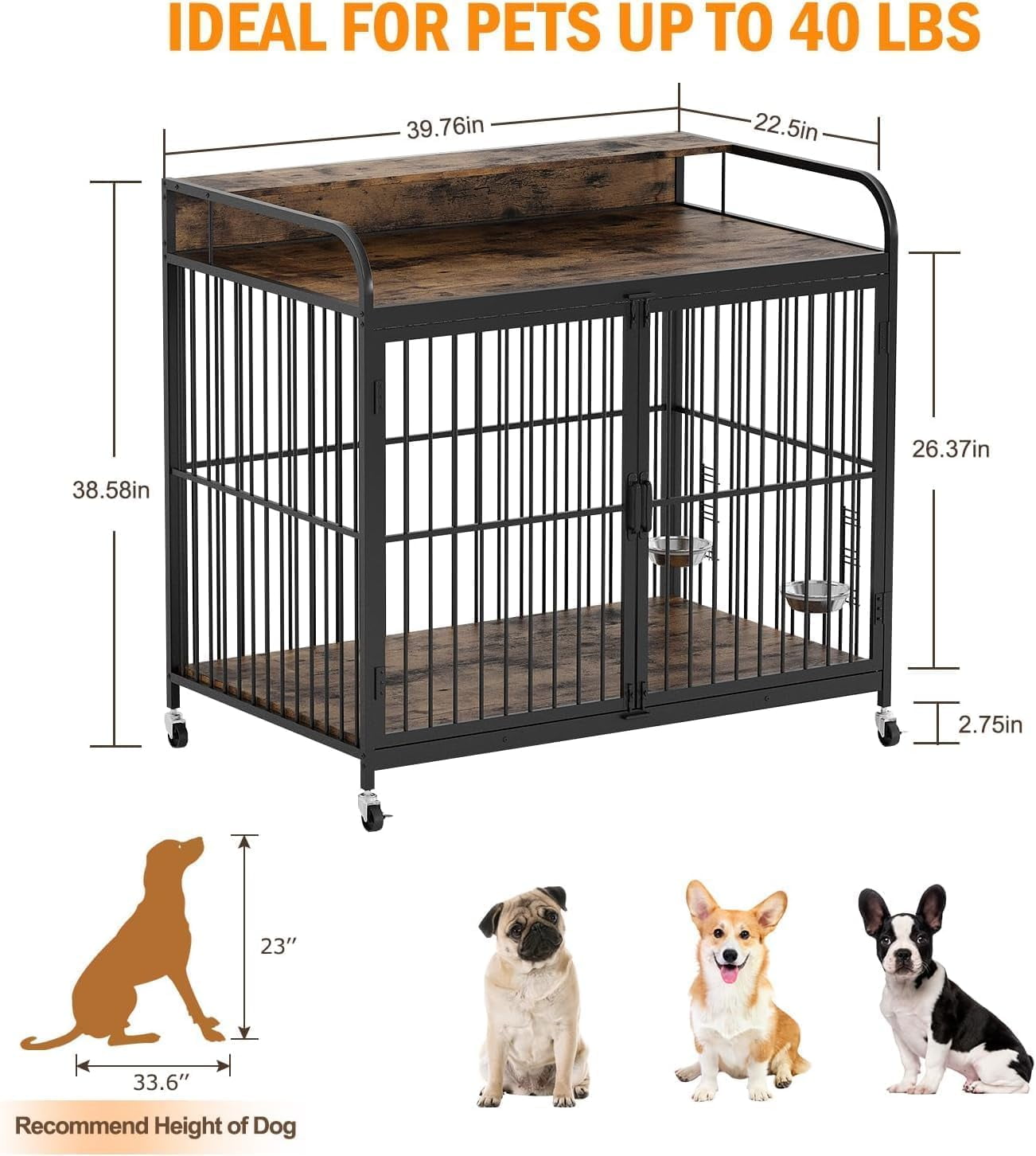 Yeshouse Portable Dog Crate Furniture - Movable Wooden Dog Kennel with Adjustable Feeder and Side Table Function