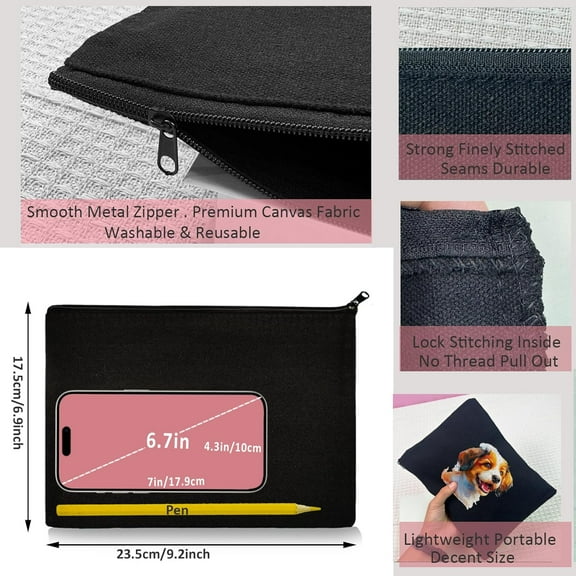 20 Pack Large Black Canvas Pouches with Zipper, Bags for Painting, Crafting, Makeup, Pen