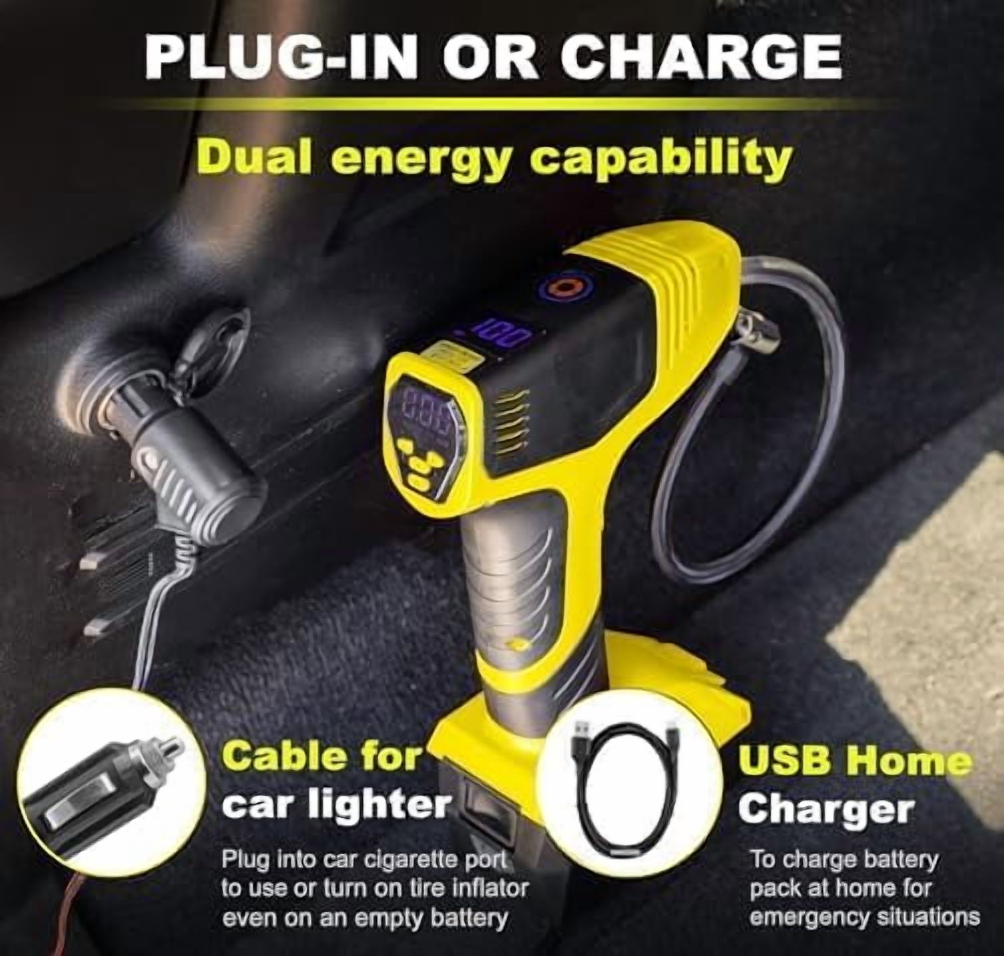 Bullseye Pro Tire Inflator with Pressure Gauge, Compact and Portable, Automatic Shut Off, 150 PSI Max, USB Home Rechargeable and Cord for Vehicular Use As Seen On TV, Yellow