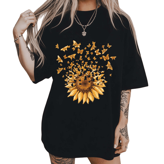 UNISHE Womens Vintage Sunflower and Butterflies Graphic Short Sleeve Crewneck T-Shirt S-5XL Black Tops