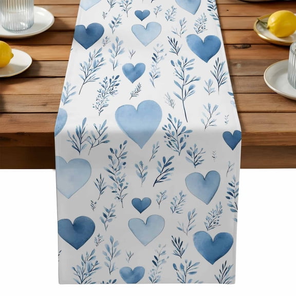 Valentine's Day Table Runner, Watercolor Blue Love Heart Leaf Washable Kitchen Table Runners Dress Scarves for Dining Table Decorations Party, 13x108in