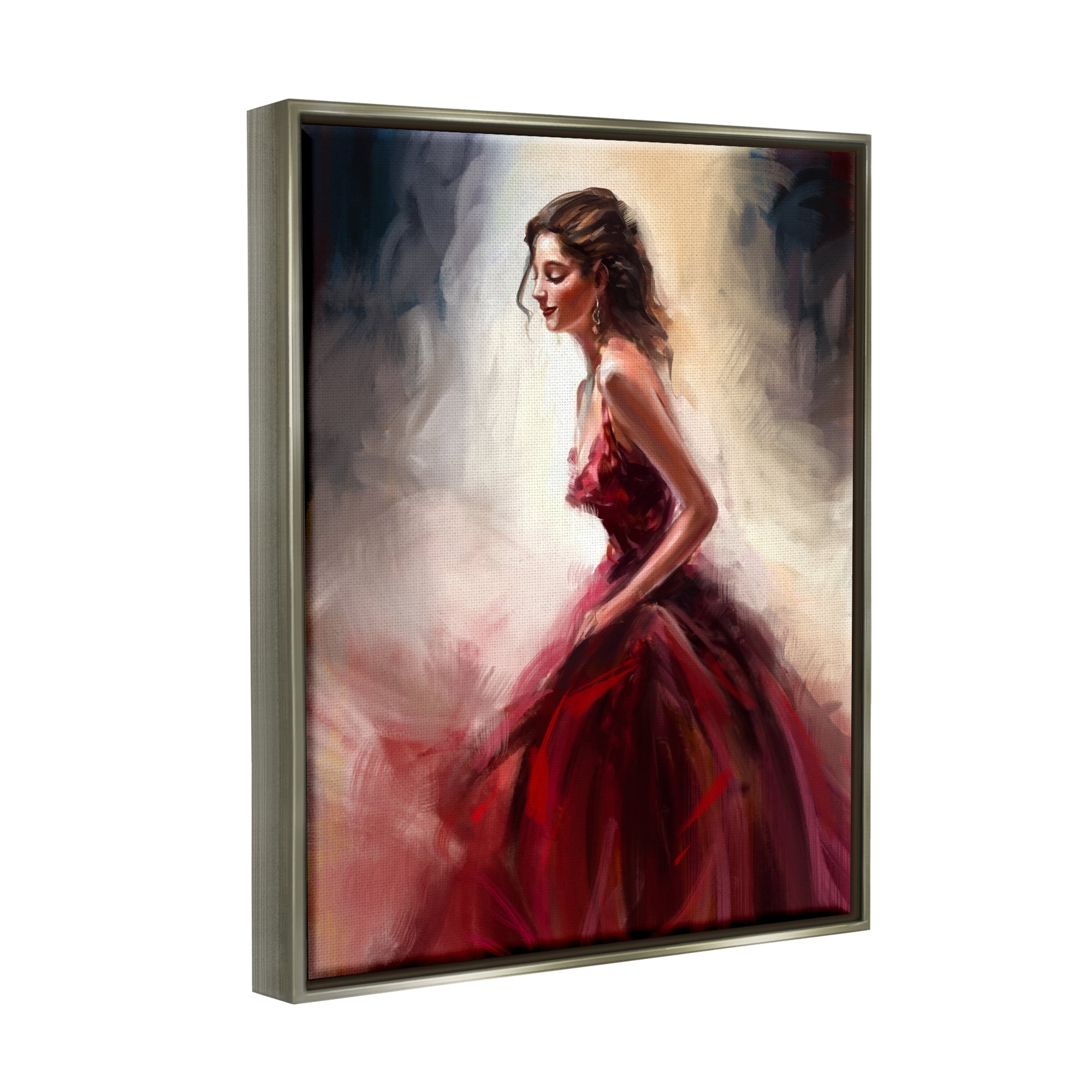 Stupell Industries Elegant Woman Red Dress Beauty & Fashion Painting Gray Floater Framed Art Print Wall Art