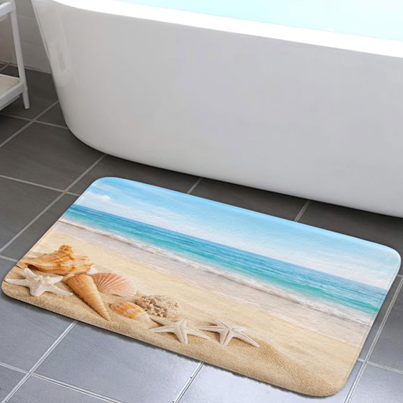 Beach Flannel Non Slip Mat Rug,Summer Blue Sea Bathroom Rugs,Tropical Ocean Bath Mat for Bathroom,Shell Starfish Bathroom Kitchen Door Mat,17X29in