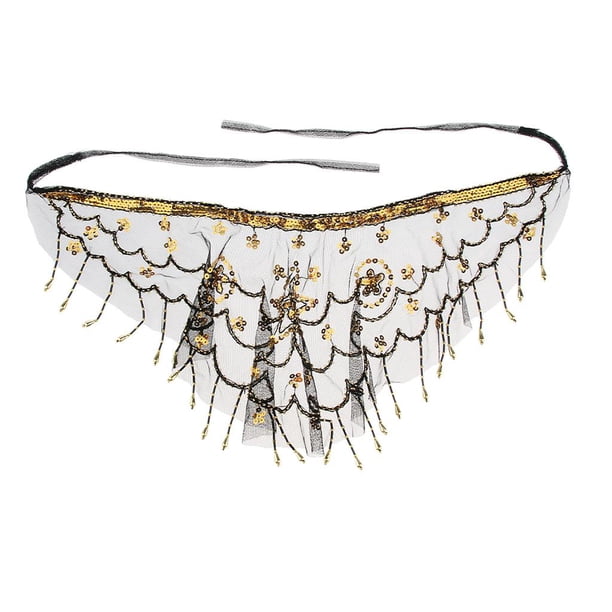 Velo Facial Triangular de Gasa Ajustable con Lentejuelas Pañuelo para Danza de Negro