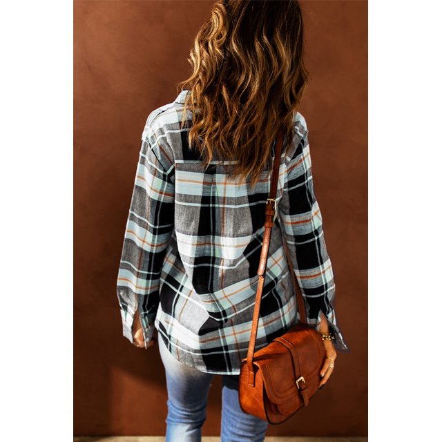 ABPHQTO Camisa abotonada de manga larga con estampado a cuadros para mujer