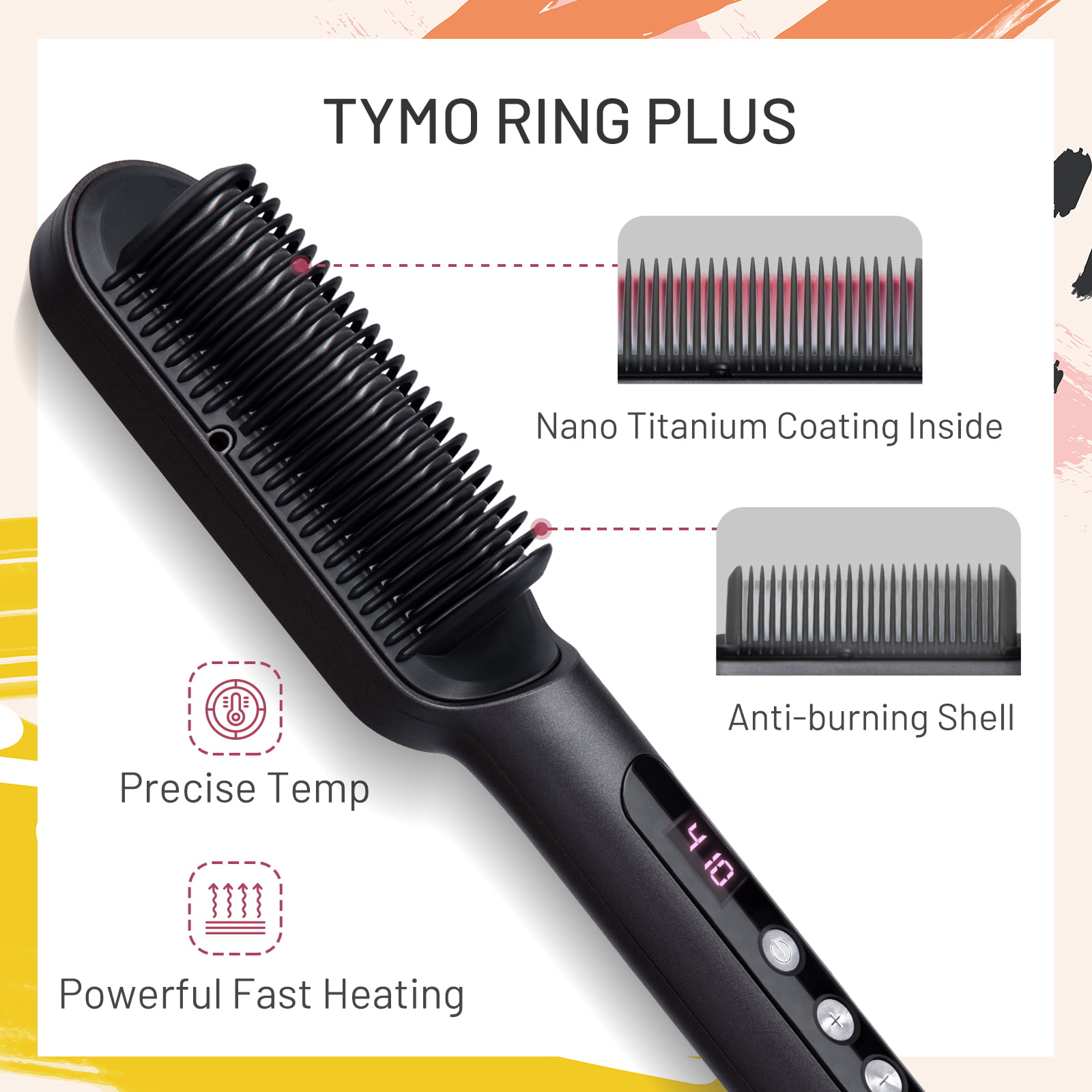 TYMO Ring Plus Ionic Hair Straightener Brush - Hair Straightening Comb with  Nano Titanium Coating for Even Heat, 9 Temp Settings & LED Screen,  Professional Hair Styling Tools, Gifts for Women