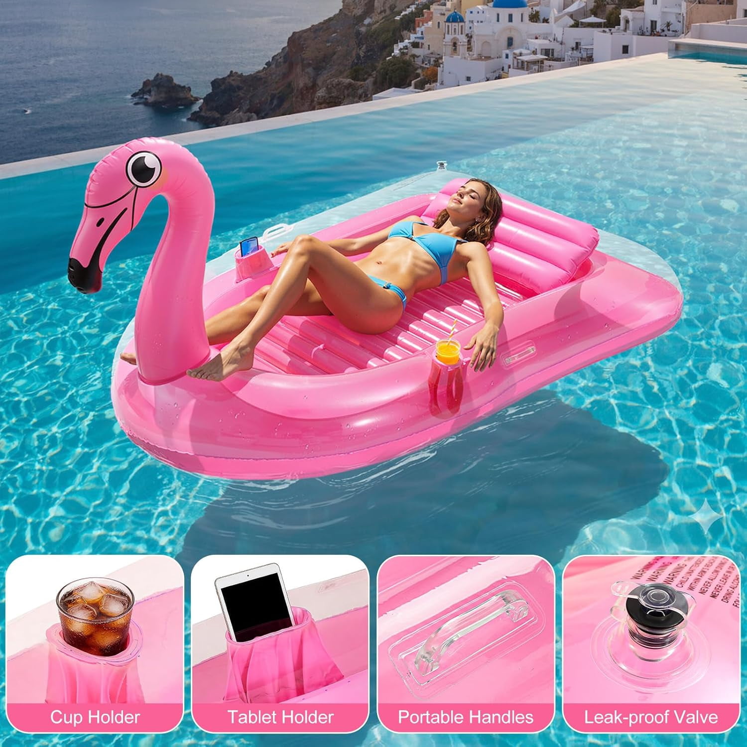 HeySplash Inflatable Tanning Pool, Flamingo Tanning Pool Lounger with Cup Holder, Floaties for Adults, Inflatable Pools Floats with Dual Handles Detachable Pillow for Beach Summer