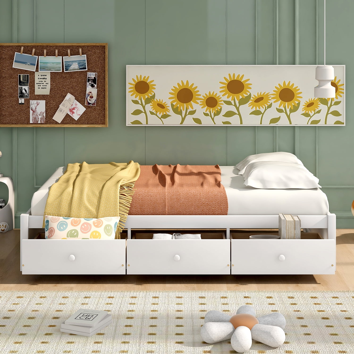 Kadyn Twin Platform Bed Frame, Twin Size Platform Storage Bed with 3 Drawers, Bed Frame for Kids, White