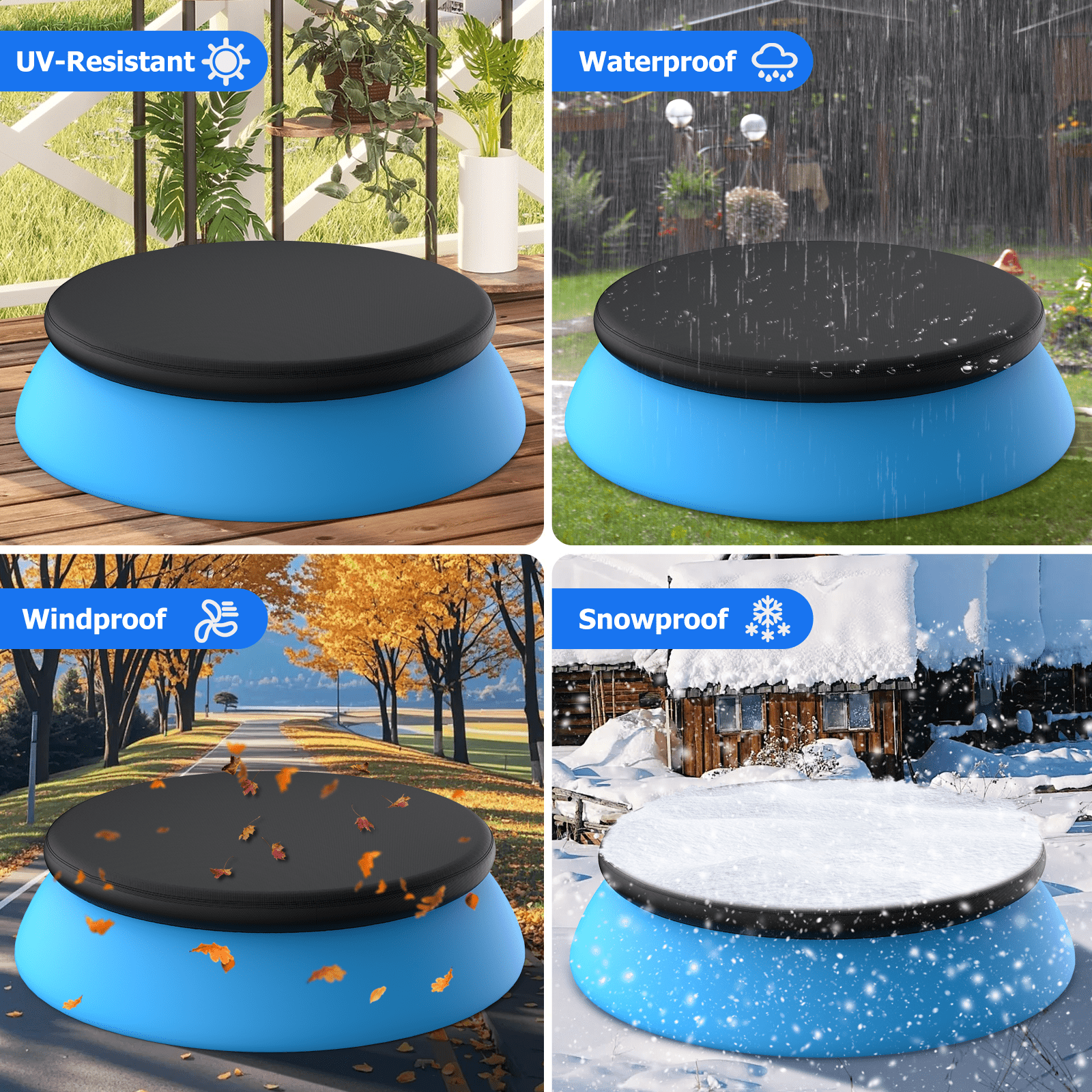 10 ft Round Pool Cover, Compatible with Outdoor Round Inflatable Above Ground Swimming Pool, Elastic Bands for Easy Installation, No Drain Holes, Prevent Leaves, Debris and Dust