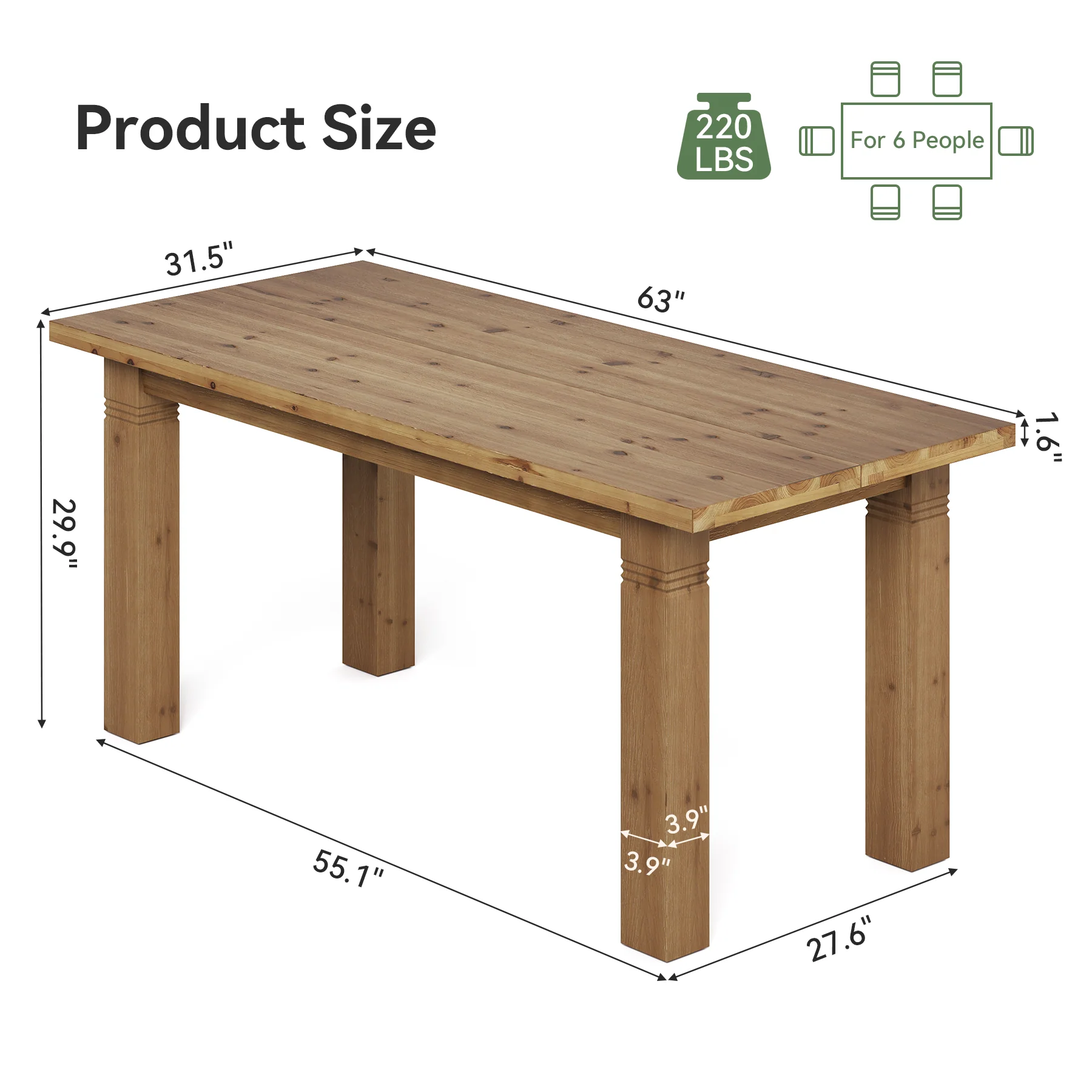 Hommoo 63 Inch Solid Wood Farmhouse Dining Table for 4-6 People, Rectangular Kitchen Table with Sturdy Square Legs, Scratch-Resistant Surface, Rustic Brown