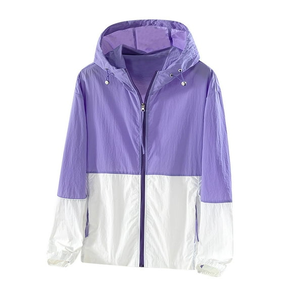 Mrat Women's Sun Jacket Lightweight Hooded Windbreaker Packable Active Outdoor Loose Coat Women Zippered Jacket Fall/Winter S-7 Purple XL
