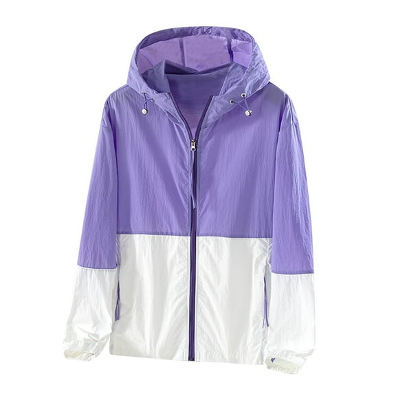 HAiming Women's Plus Size Windbreaker Jacket Outdoor Hooded Raincoat Trendy Casual Colorblock Zipper Lightweight Jacket