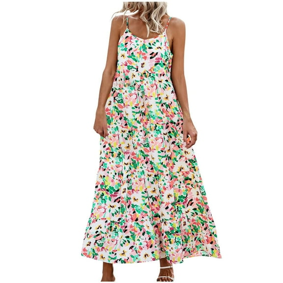 Summer Boho Dresses Womens Long - Spaghetti Strap Ruffle Tiered Maxi Dress with Pockets Printed Loose Beach Dress (XL, White)