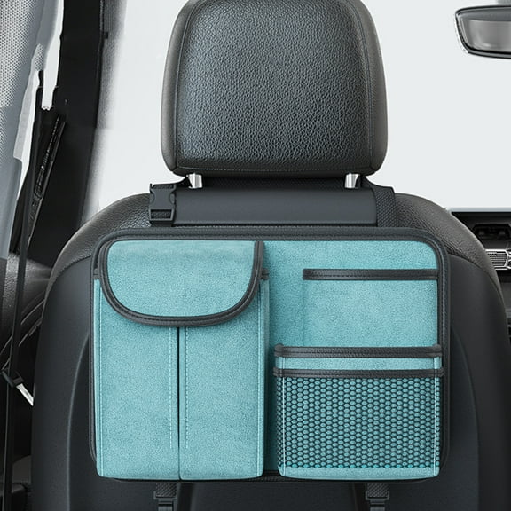 Hovmgk Car Seat Back Storage Bag, Multi-Function Hanging Organizer, Leather Material with Expandable Compartments, Home & Travel Storage Solution for Paper Towels, Phones, Snacks, Coffee/Gray/Green