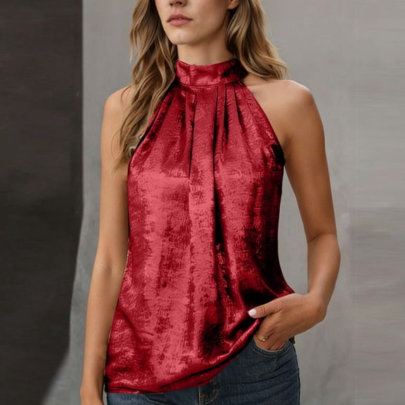 HongQid Women's Metallic Sleeveless Halter Tops Pleated Elegant Tank Top Casual Summer Work Shirts