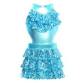 thumbnail image 4 of iixpin Kids Girls Tiered Ruffle Sequins Latin Salsa Samba Rumba Dance Costumes Sleeveless Metallic Dresses Light Blue 16, 4 of 6