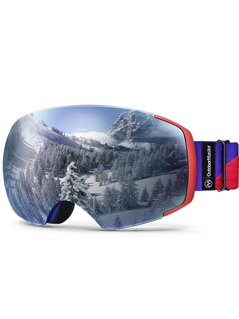 OutdoorMaster Ski Goggles PRO Frameless, Blue/Red Sapphire Lens VLT