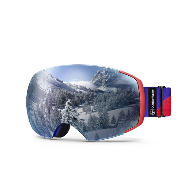 OutdoorMaster Ski Goggles PRO Frameless, Blue/Red - Sapphire Lens VLT 12%