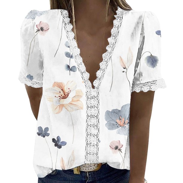 ICHUANYI Clearance Women Fashion Summer Sexy Fold Printed Regular Women Short Sleeves V Neck Button(White, L) ICHUANYI WER2023080803008