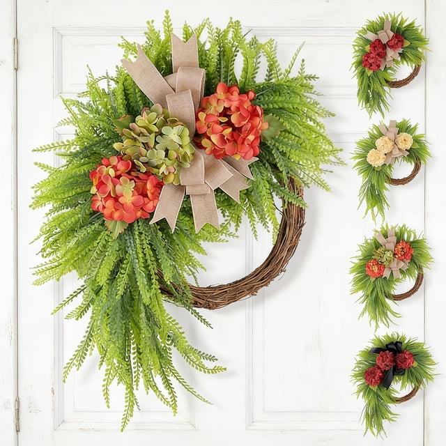 Rustic Bohemian Wreath – Double-Sided Door Hanging with Linen Bow & Greenery, Large Boho Wreaths for Front Door, Spring Wreath for Home, Patio, Front Porch (D)