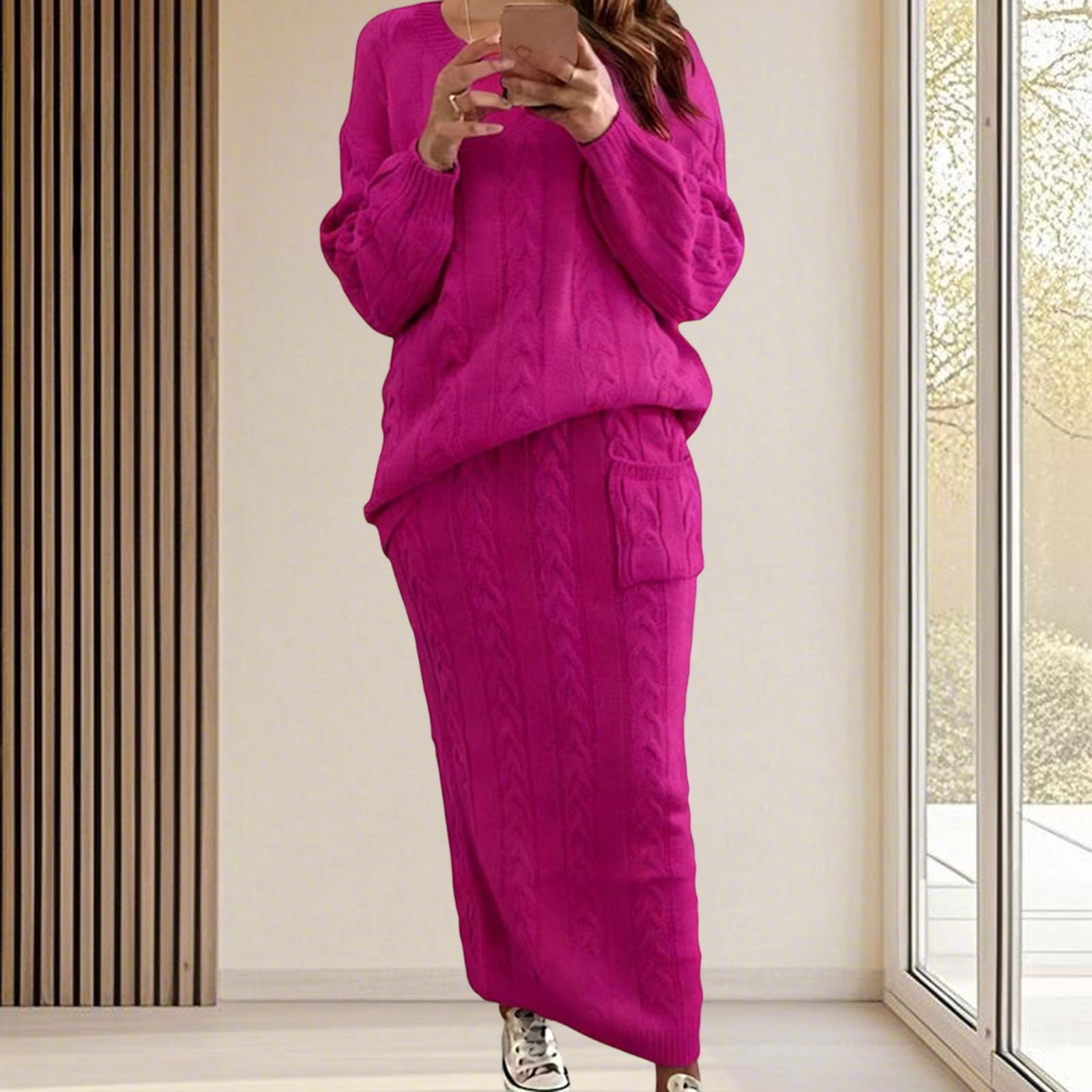 Women's Winter Cable Knit Sweater and Long Skirt Two-Piece Set