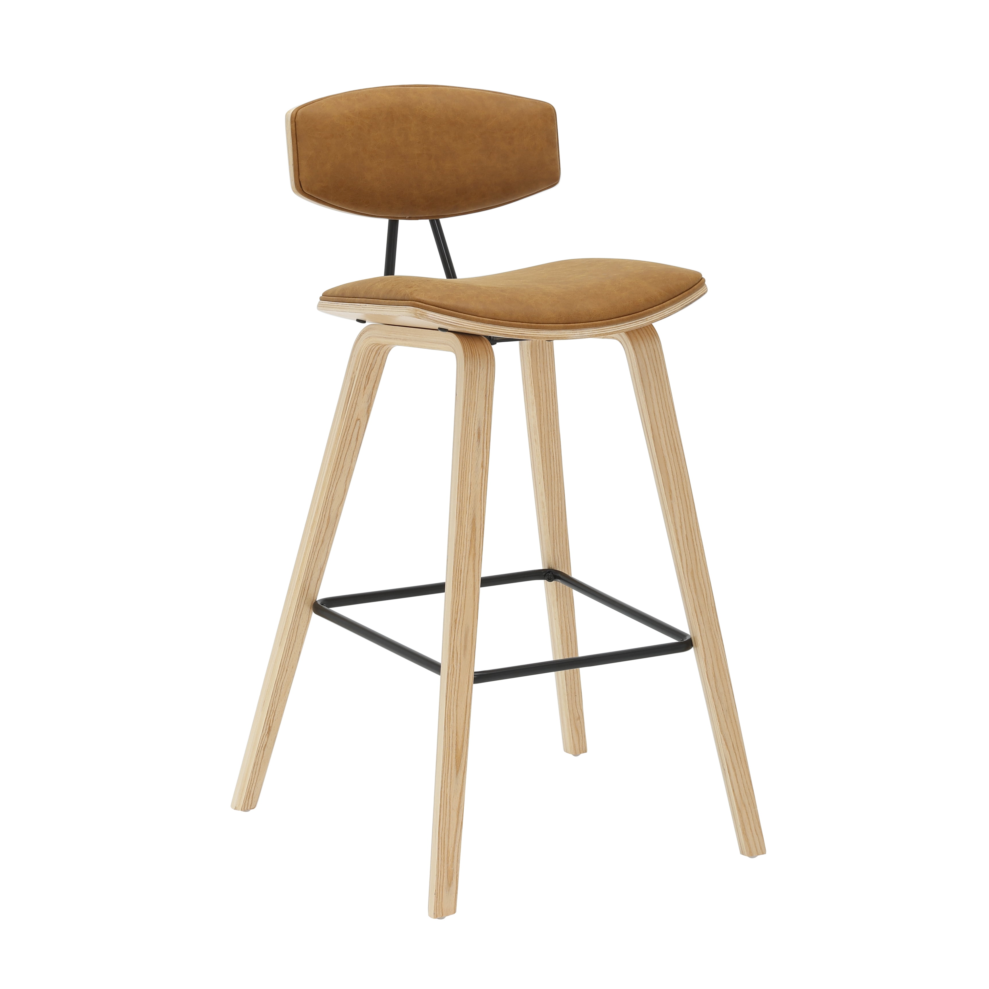 Fox 38 in. H Bar Height Camel Curved Back Wood Bar Stool with Faux Leather Seat Set of 3