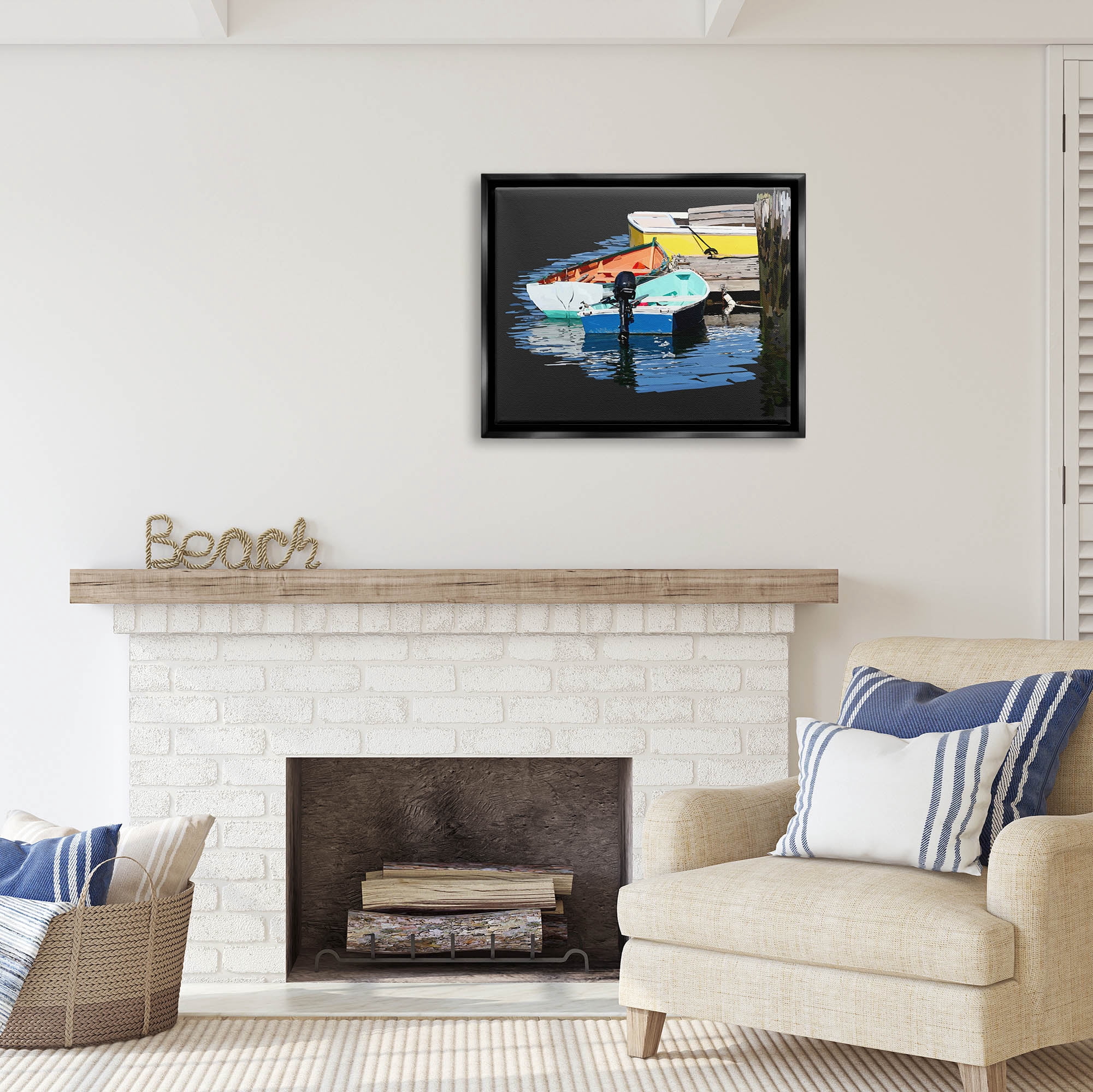 Stupell Industries Docked Dinghy Boats Bold Hues Coastal Photography Black Floater Framed Art Print Wall Art
