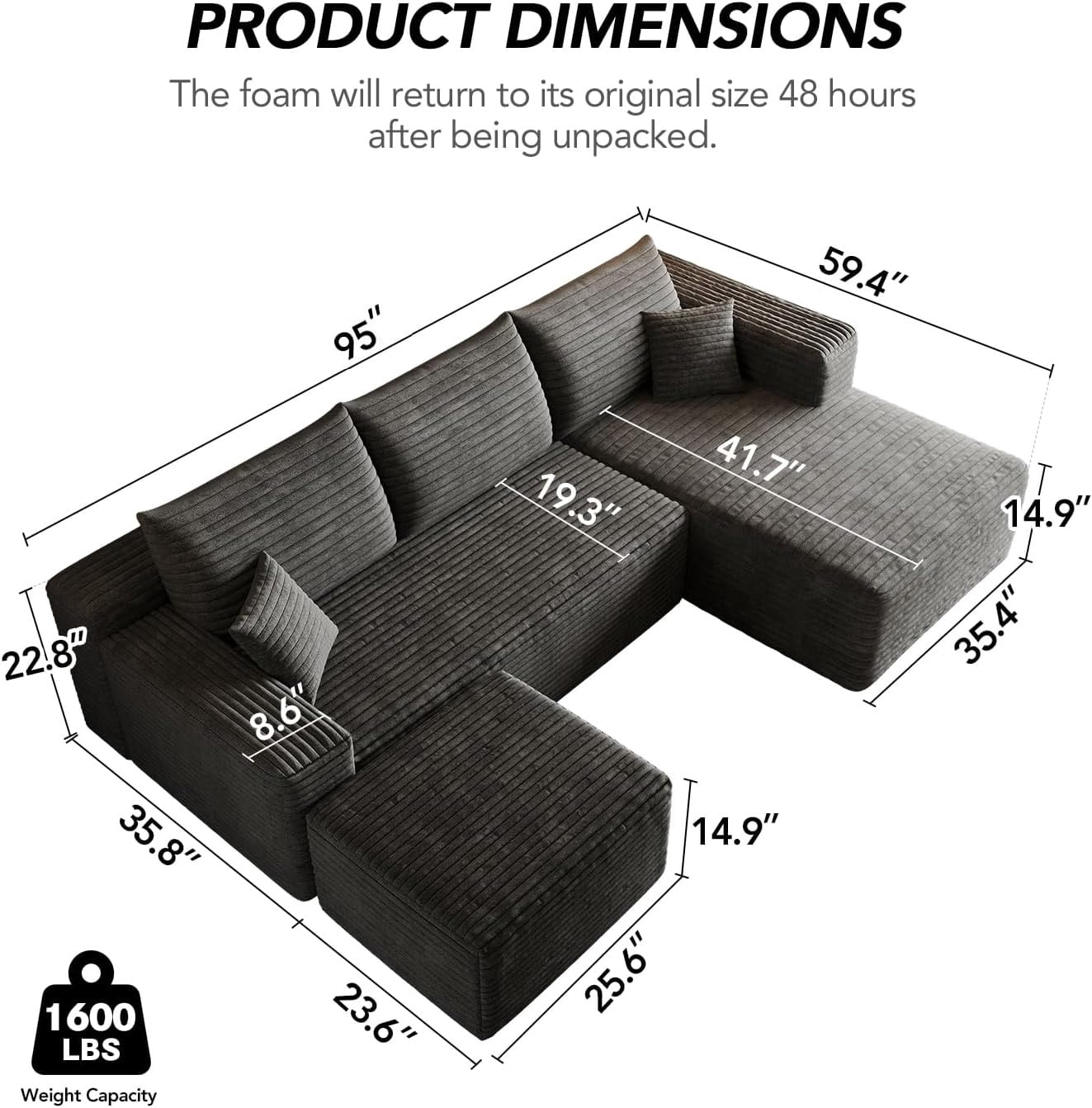 MOONMISS Small Modular Sectional Sofa with Movable Chaise and Ottoman,U-Shaped Boneless Cloud Couch for Living Room Apartment,Gray(Right Facing Chaise)