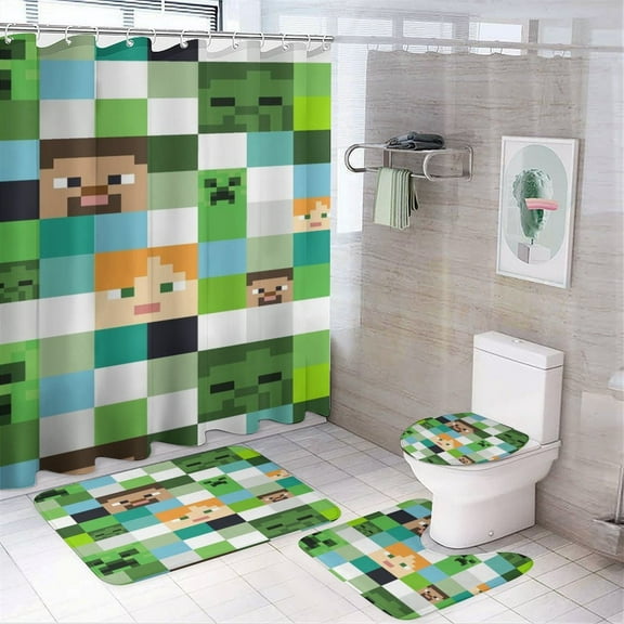 Minecraft Power 4 Pcs Shower Curtain Sets Non-Slip Rugs Bath Mat Toilet Cover U Shaped Mat for Bathroom Decor Bathroom Set 72" X 72"
