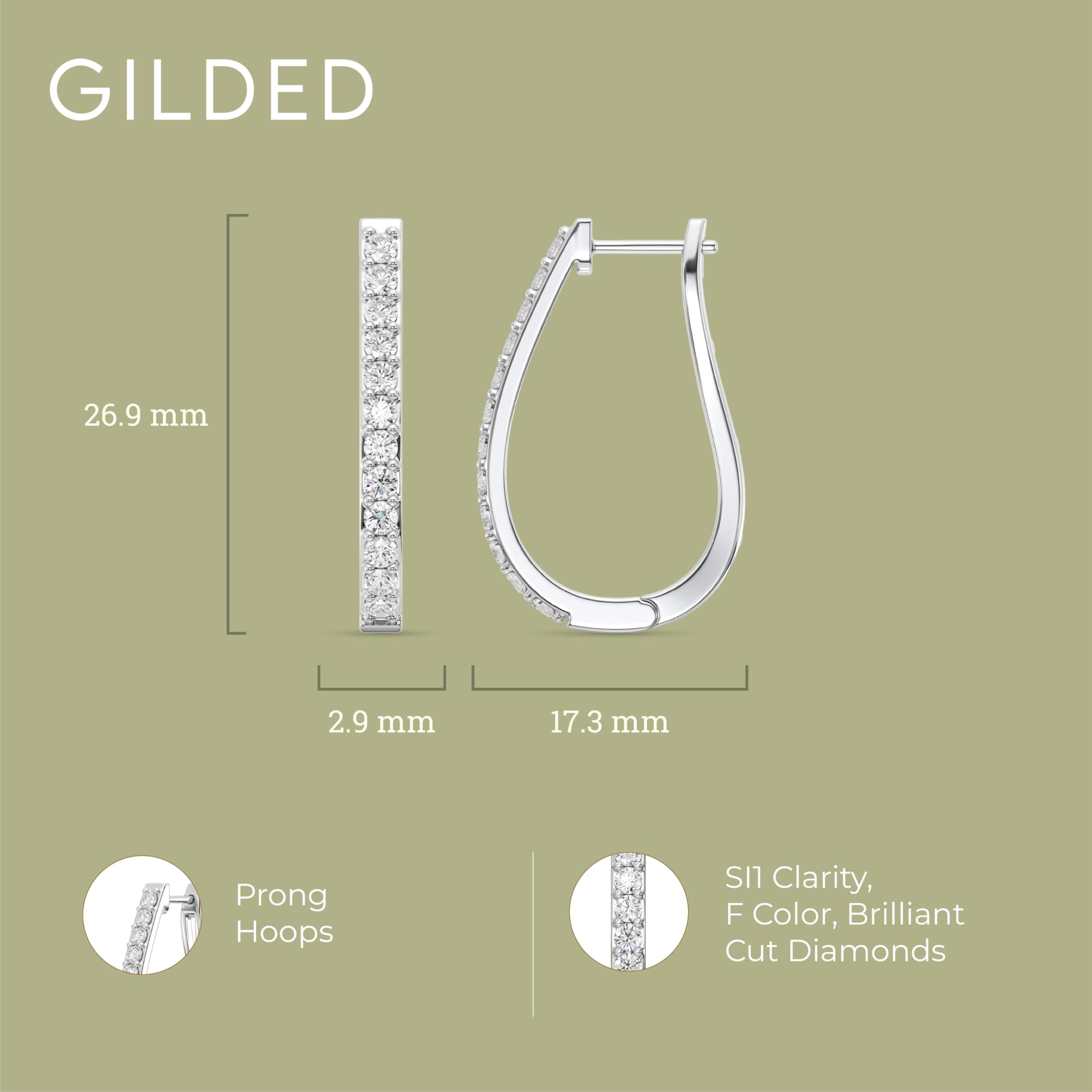 Gilded 1 Carat Total Weight Lab-Grown Diamond U-Shaped Hoop Earrings for Women in 925 Sterling Silver | Hypoallergenic Fine Jewelry | Latch Back Closure | SI1 Clarity, F Color